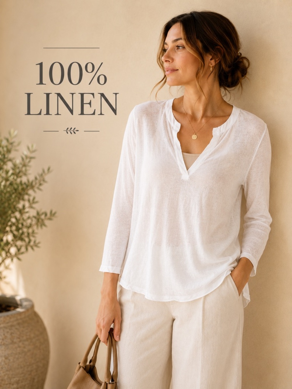 Talbots 100% Linen White V-Neck Satin Trim Top 3/4 Sleeve Lightweight Large